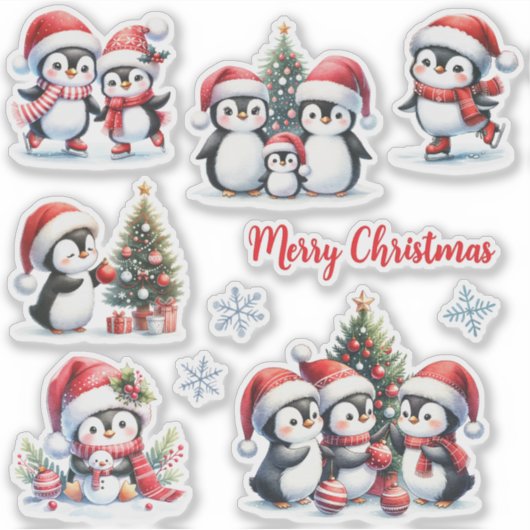 Grappige pinguïns in rode vrolijke kerst sticker (Voorkant)