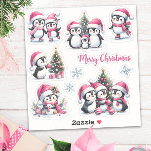 Grappige pinguïns in roze vrolijke kerst sticker