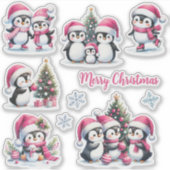 Grappige pinguïns in roze vrolijke kerst sticker (Voorkant)