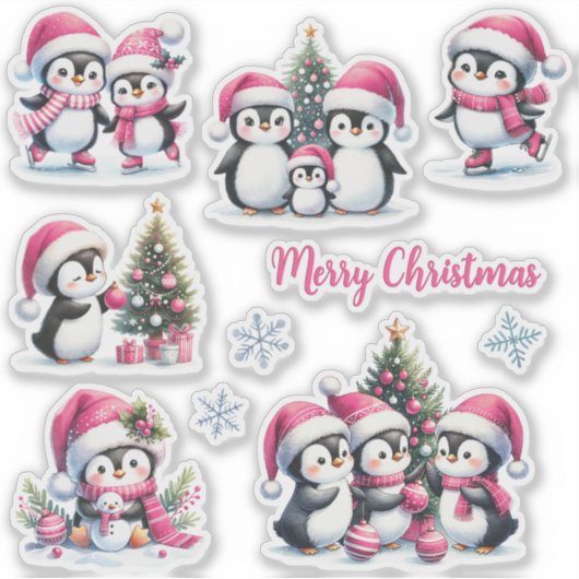 Grappige pinguïns in roze vrolijke kerst sticker (Voorkant)