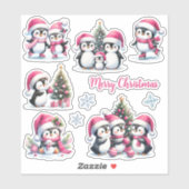 Grappige pinguïns in roze vrolijke kerst sticker (Vel)