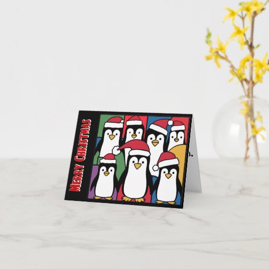 Grappige pinguïns in Santa Hats Kerst Abstract Kaart (Gele Bloem)