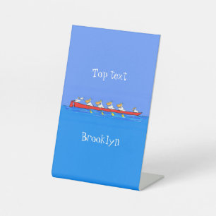 Grappige pinguïns roeiend cartoonillustratie reclamebord met voetstuk