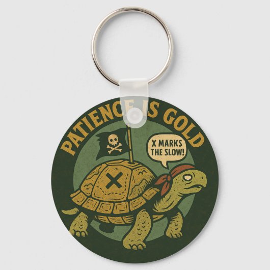 Grappige Piraat Schildpad Geduld Goud Sleutelhanger (Voorkant)