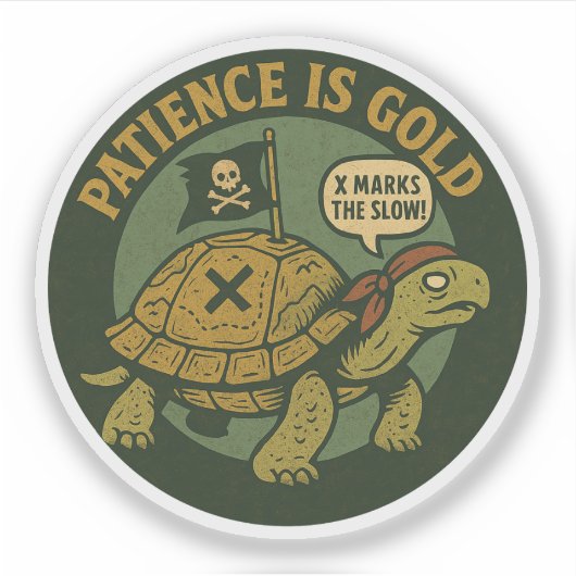 Grappige Piraat Schildpad Geduld Goud Sticker (Voorkant)