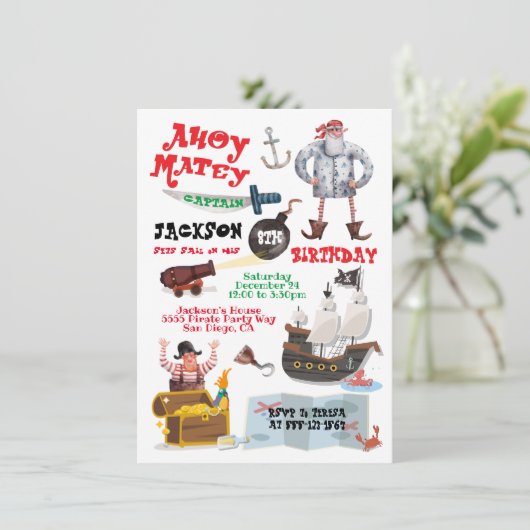 Grappige Pirate verjaardagsfeestje uitnodiging (Staand voorkant)