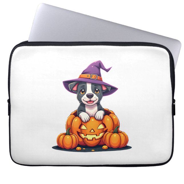 Grappige Pitbull Heks Pompoen Hond Halloween Manne Laptop Sleeve (Voorkant)