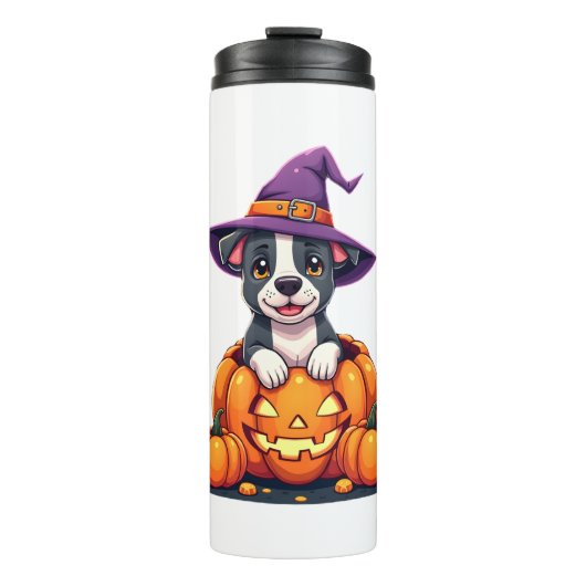 Grappige Pitbull Heks Pompoen Hond Halloween Manne Thermosbeker (Voorkant)