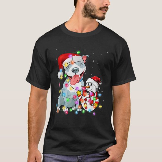 Grappige Pitbull-hond Kerst T-shirt Sneeuwman Kers (Voorkant)