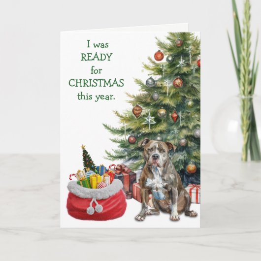 Grappige Pitbull Hond Klaar voor Kerstmis Feestdagen Kaart (Voorkant)