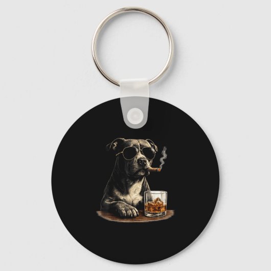 Grappige pitbull meme die sigaar whisky rookt hond sleutelhanger (Voorkant)