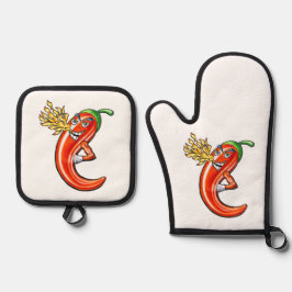 Grappige pittige chili in brand ovenwant & pannenlap set