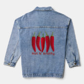 Grappige pittige rode gehaakte jalapeno breipen denim jacket (Achterkant)