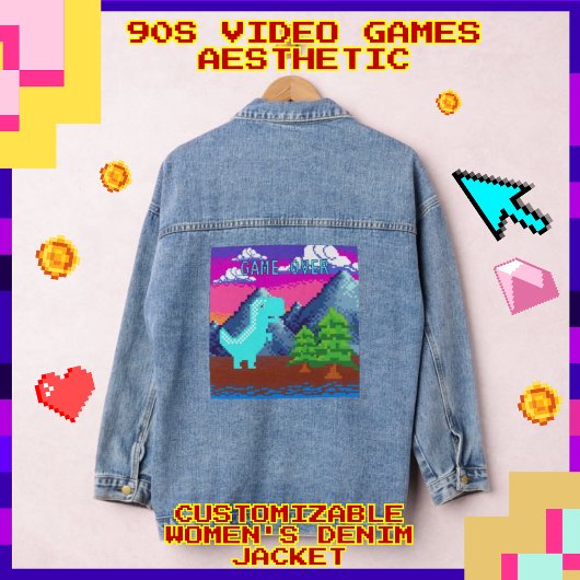 Grappige Pixel Gamer Gepixelde- Dinosaurus Illustr Denim Jacket