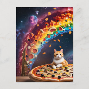Grappige Pizza Cat in de ruimte Regenboog Trap Briefkaart