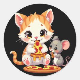 Grappige pizza eten kat pizza eten muis ronde sticker