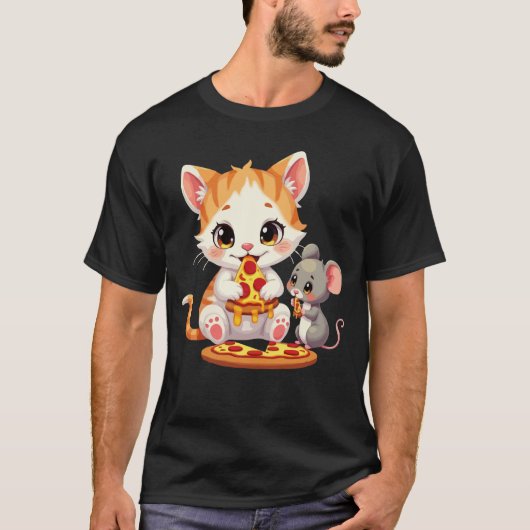 Grappige pizza eten kat pizza eten muis t-shirt (Voorkant)