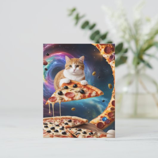 Grappige pizza kat in de ruimte briefkaart (Staand voorkant)