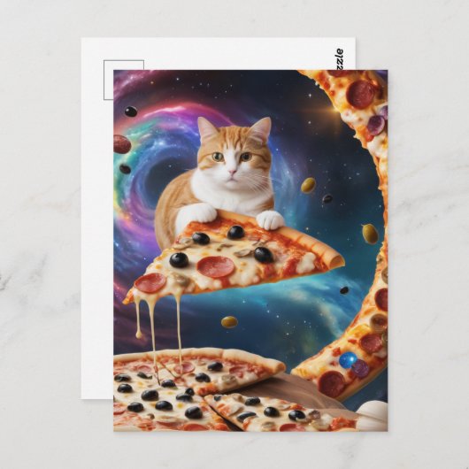 Grappige pizza kat in de ruimte briefkaart (Voorkant / Achterkant)