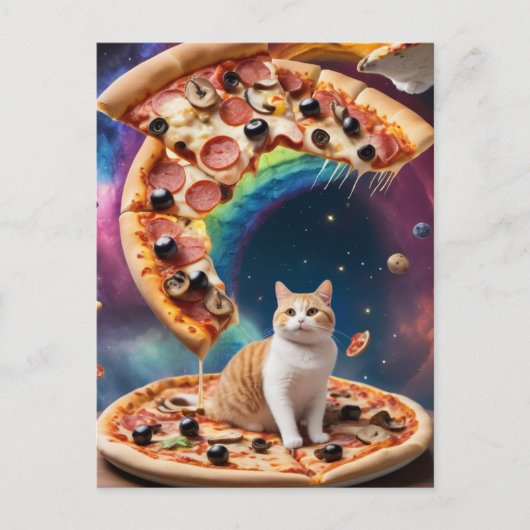 Grappige pizza kat in de ruimte Drijvende pizza's Briefkaart (Voorkant)