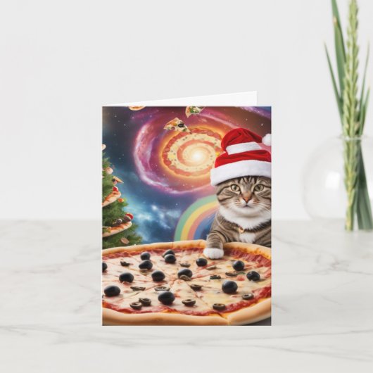 Grappige Pizza Santa Cat Kerstmis Kaart (Voorkant)