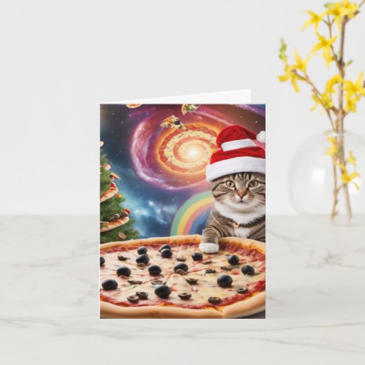 Grappige Pizza Santa Cat Kerstmis Kaart (Gele Bloem)