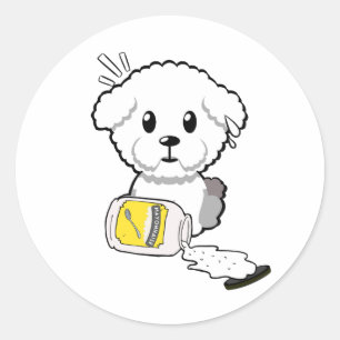Grappige pluizige hond gemorste mayonaise ronde sticker