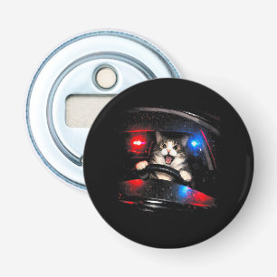 Grappige Politie Kat Bestuurt Auto Vintage Kat Mem Button Flesopener