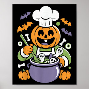 Grappige pompoen chef koken Halloween Cauldron Des Poster