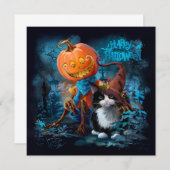 Grappige pompoen en kat in een toverhoed kaart (Voorkant / Achterkant)