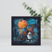 Grappige pompoen en kat in een toverhoed kaart (Staand voorkant)