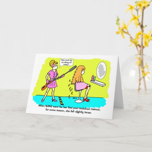 Grappige post lockdown gespannen kapsel vrouwelijk kaart (Gele Bloem)
