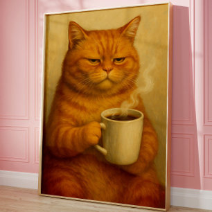 Grappige Poster met Chagrijnige Kat en Koffie in V