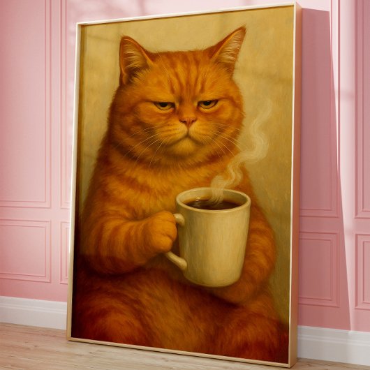 Grappige Poster met Chagrijnige Kat en Koffie in V