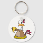 Grappige Prijs Kip Houdt Gouden Trofee Sleutelhanger (Voorkant)