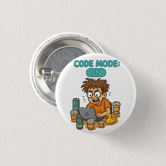 Grappige programmeur Cartoon met "Code Mode: ON" Ronde Button 3,2 Cm (Voorkant /achterkant)