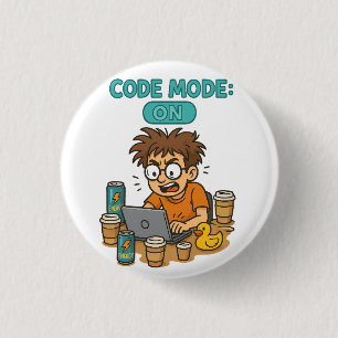 Grappige programmeur Cartoon met "Code Mode: ON" Ronde Button 3,2 Cm
