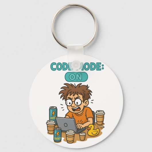 Grappige programmeur Cartoon met "Code Mode: ON" Sleutelhanger (Voorkant)
