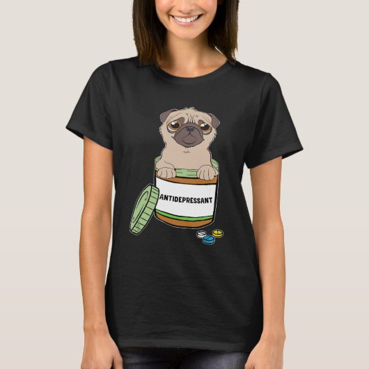 Grappige Pug Antidepressivum Pillen T-shirt (Voorkant)