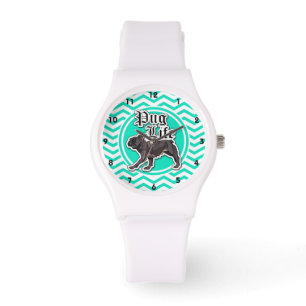 Grappige Pug; Aqua Chevron Horloge