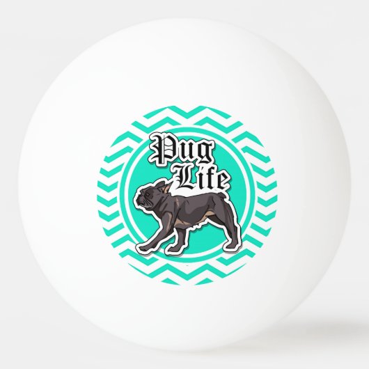 Grappige Pug; Aqua Chevron Pingpongbal (Achterkant)