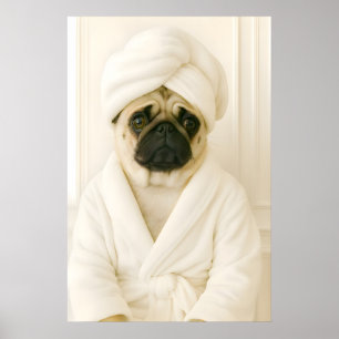 Grappige Pug-badkamerprint, Pug-in-badjasposter Poster