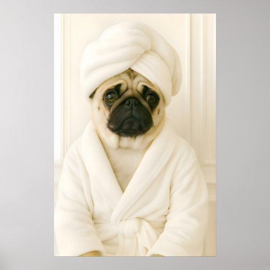 Grappige Pug-badkamerprint, Pug-in-badjasposter Poster (Voorkant)