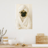Grappige Pug-badkamerprint, Pug-in-badjasposter Poster (Keuken)