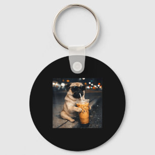 Grappige pug die ijskoude koffie drinkt schattige sleutelhanger