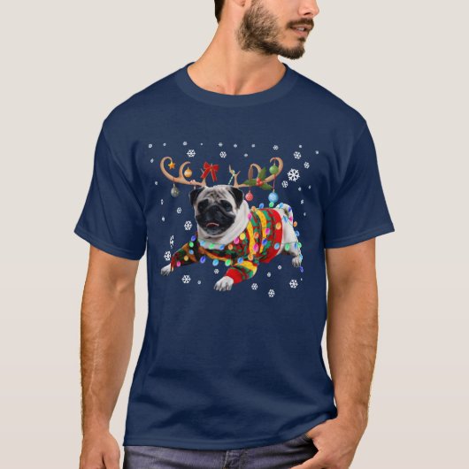 Grappige Pug Dog Christmas Rein Christmas Lights m T-shirt (Voorkant)