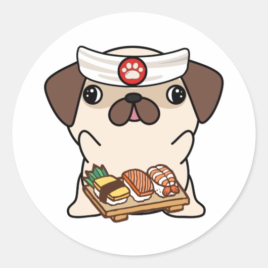 Grappige pug dog is een sushi chef ronde sticker (Voorkant)