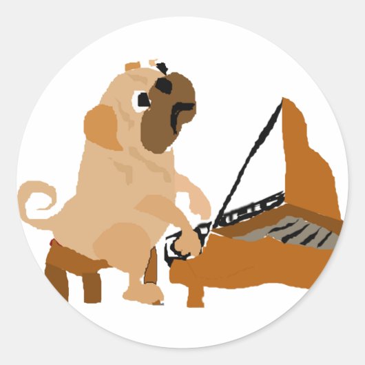 Grappige Pug Dog Spelen Piano Ronde Sticker (Voorkant)