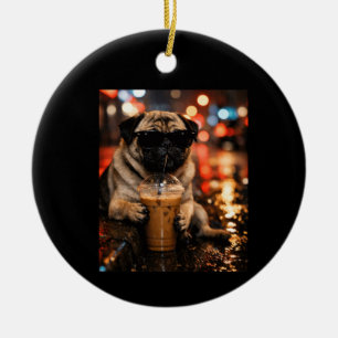 Grappige Pug Drinkt IJskoude Koffie Cadeau voor Ho Keramisch Ornament
