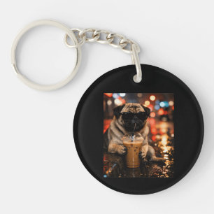 Grappige Pug Drinkt IJskoude Koffie Cadeau voor Ho Sleutelhanger